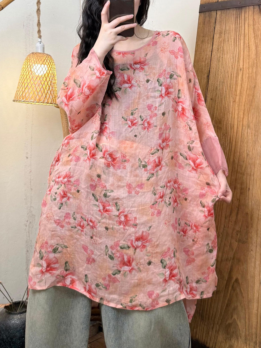 女士春季藝術圓領花朵苧麻襯衫