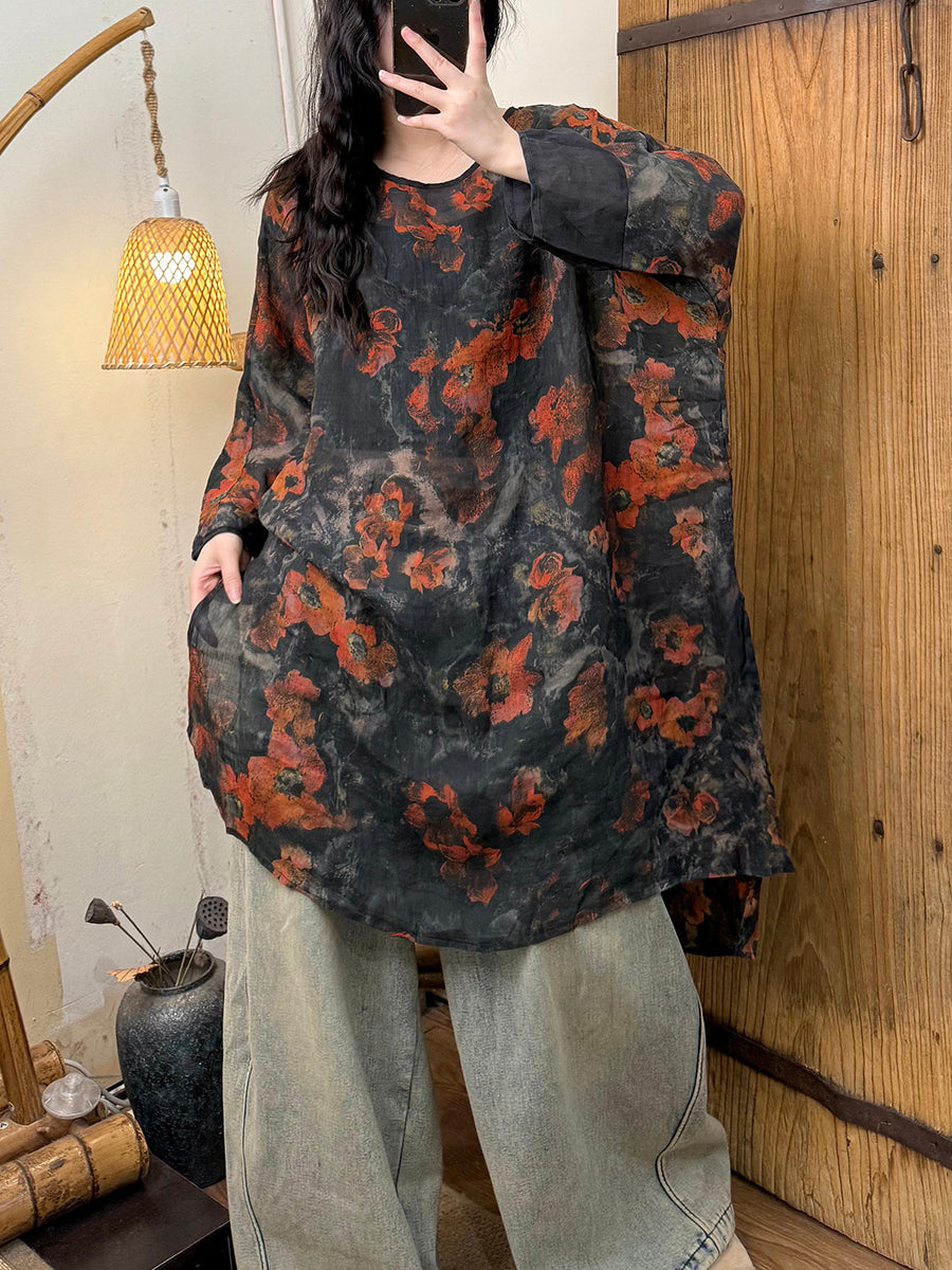 女士春季藝術圓領花朵苧麻襯衫