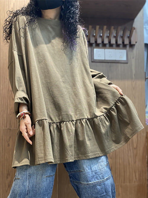 女士夏季純色荷葉邊下擺棉質襯衫