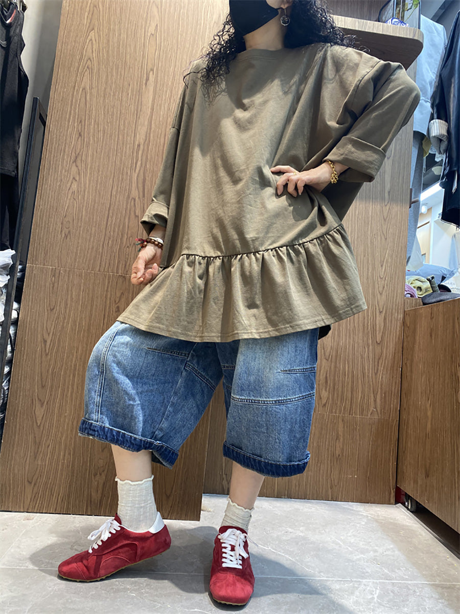 女士夏季純色荷葉邊下擺棉質襯衫