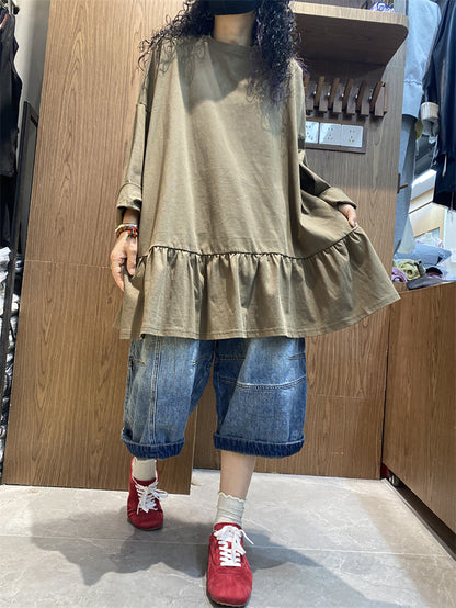 女士夏季純色荷葉邊下擺棉質襯衫