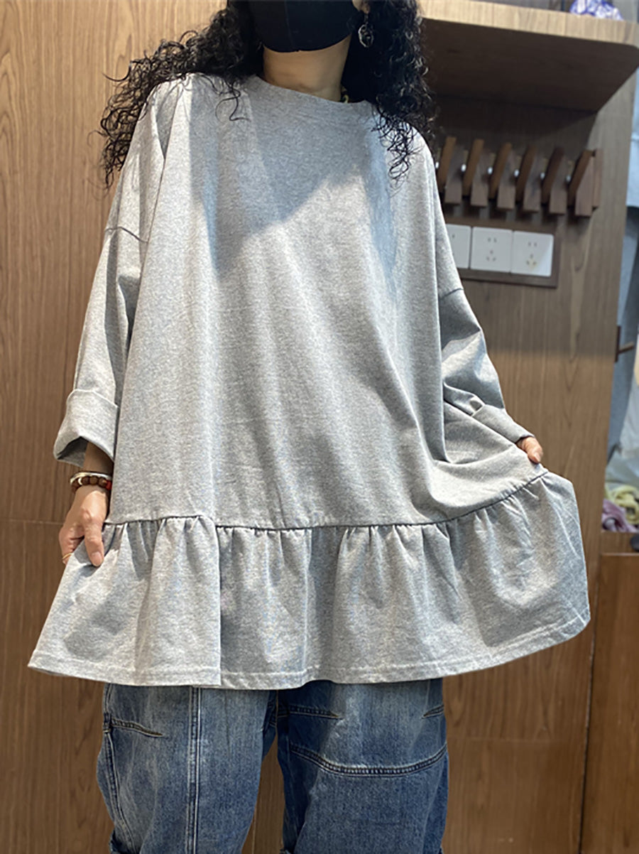女士夏季純色荷葉邊下擺棉質襯衫