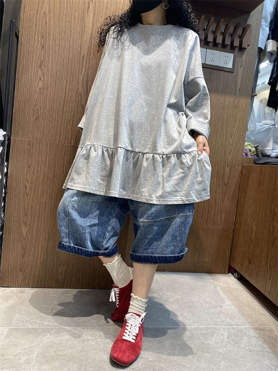 女士夏季純色荷葉邊下擺棉質襯衫
