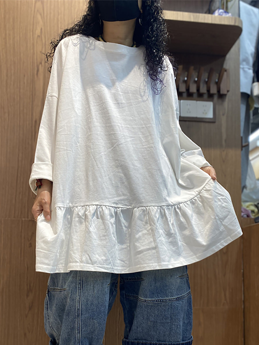 女士夏季純色荷葉邊下擺棉質襯衫