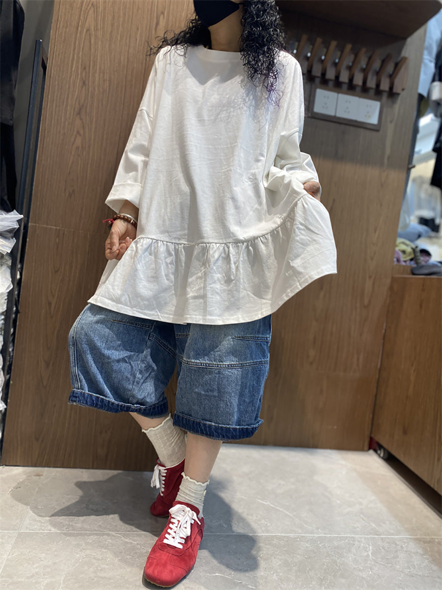女士夏季純色荷葉邊下擺棉質襯衫