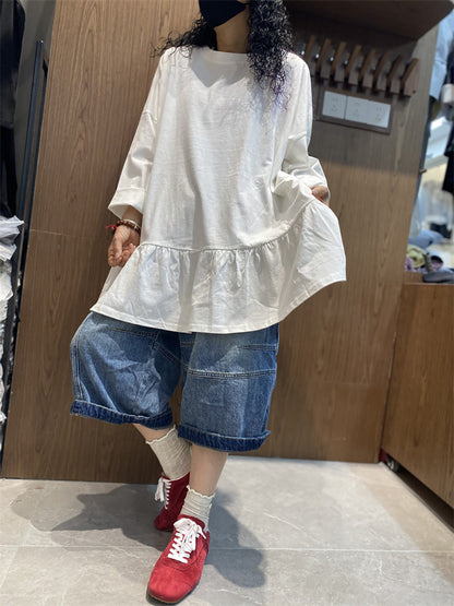 女士夏季純色荷葉邊下擺棉質襯衫