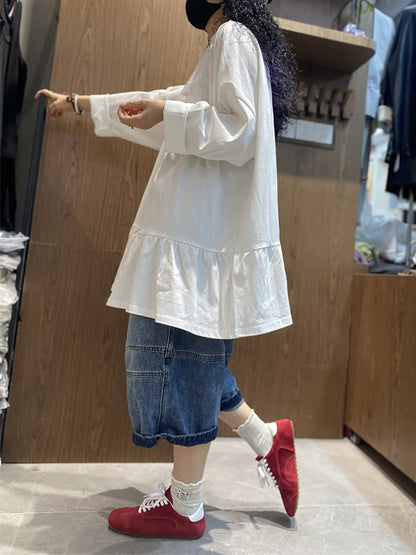 女士夏季純色荷葉邊下擺棉質襯衫