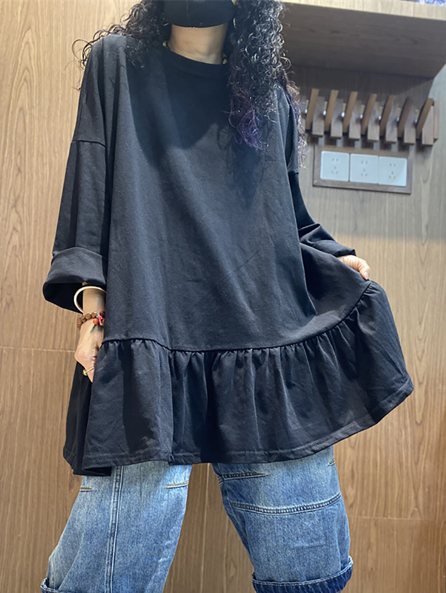 女士夏季純色荷葉邊下擺棉質襯衫