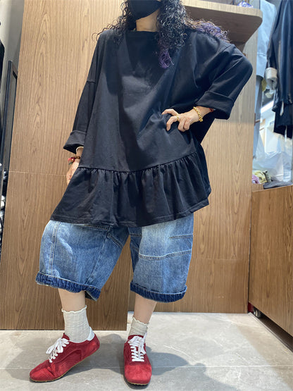 女士夏季純色荷葉邊下擺棉質襯衫