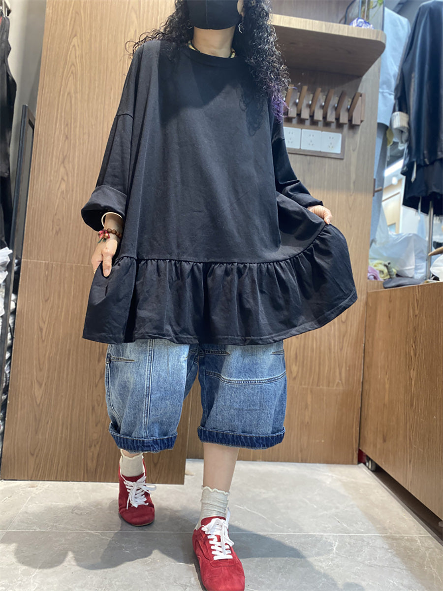 女士夏季純色荷葉邊下擺棉質襯衫
