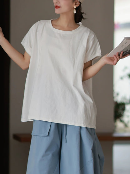 女士春季休閒純色圓領 100% 純棉襯衫