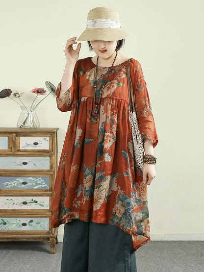 女士夏季圓領花朵 100% 苧麻長襯衫