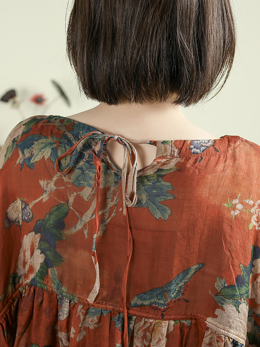女士夏季圓領花朵 100% 苧麻長襯衫