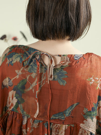 女士夏季圓領花朵 100% 苧麻長襯衫