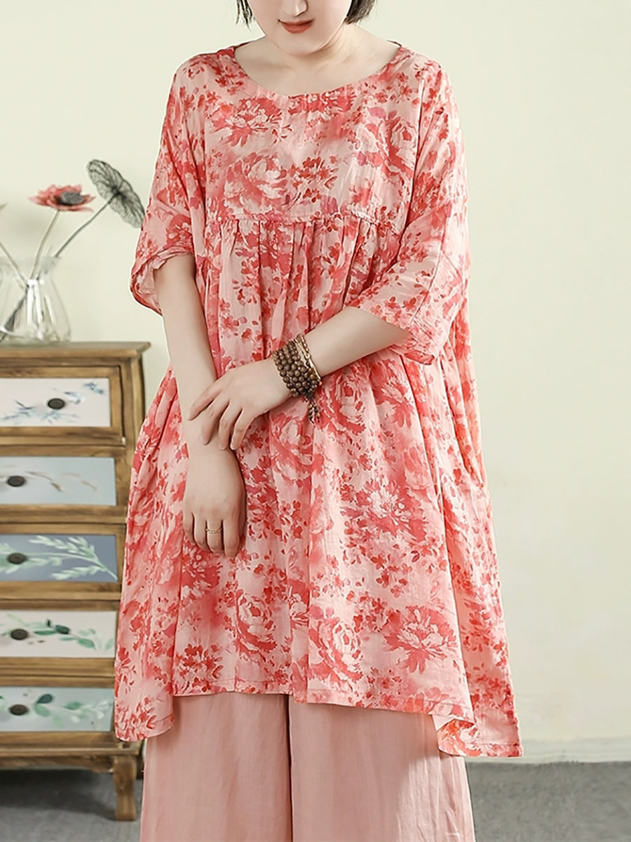 女士夏季圓領花朵 100% 苧麻長襯衫