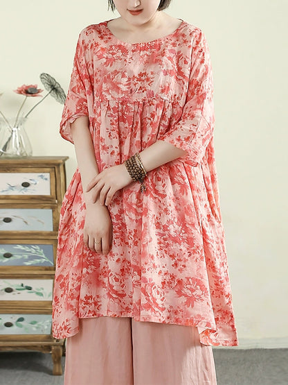 女士夏季圓領花朵 100% 苧麻長襯衫