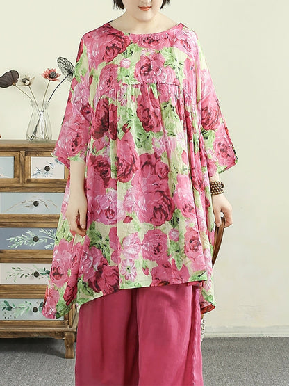 女士夏季圓領花朵 100% 苧麻長襯衫