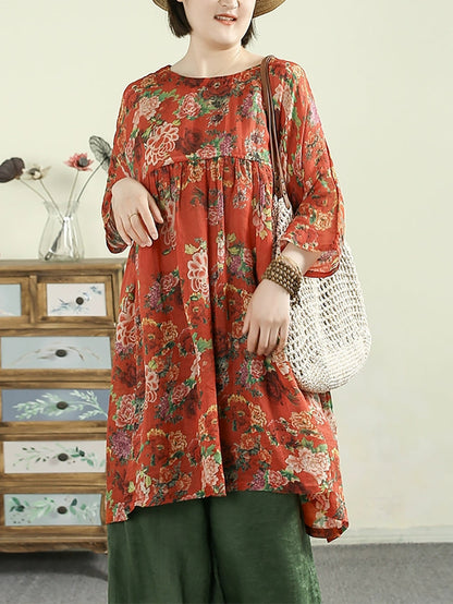 女士夏季圓領花朵 100% 苧麻長襯衫