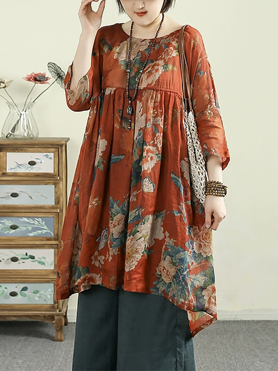 女士夏季圓領花朵 100% 苧麻長襯衫