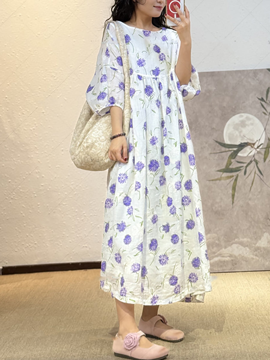 女士夏季藝術花朵圓領連身裙