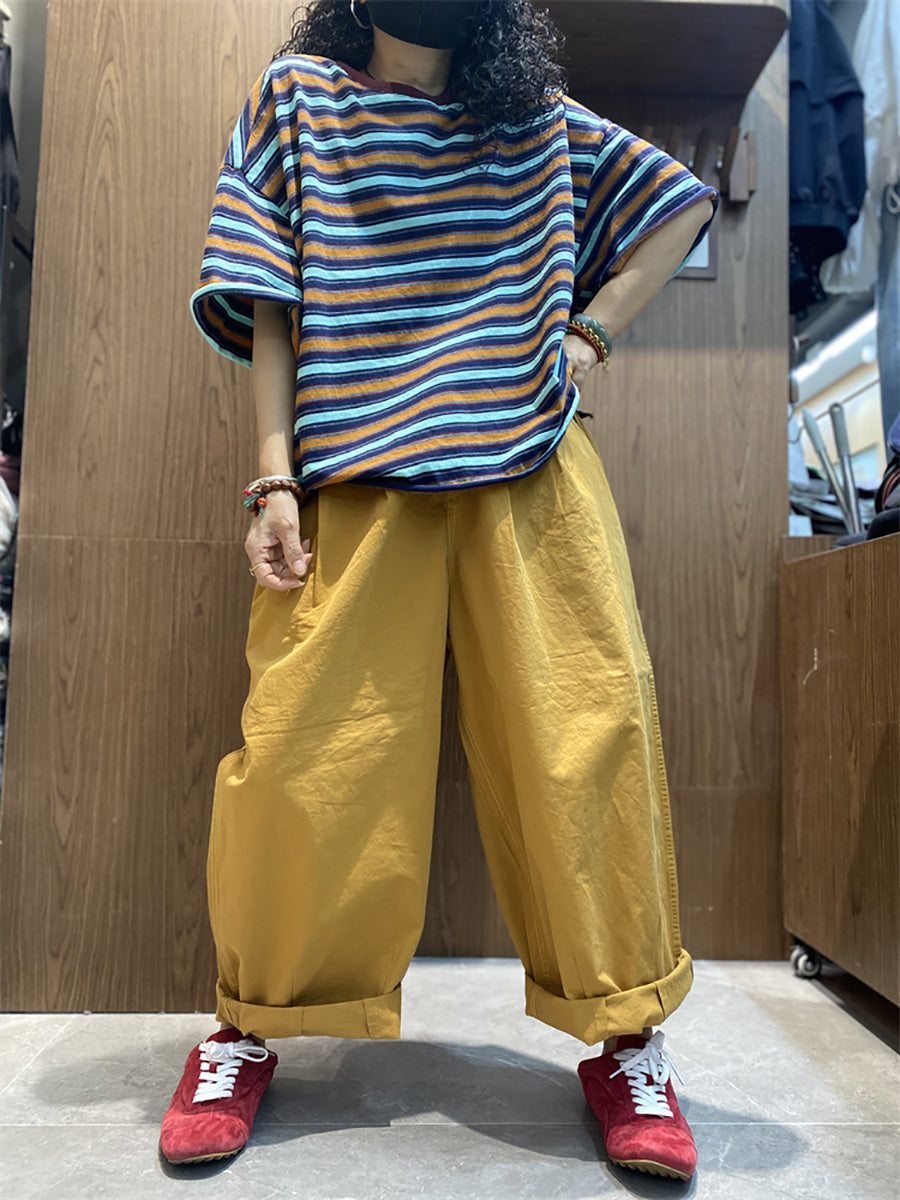 女士夏季休閒條紋圓領棉質襯衫