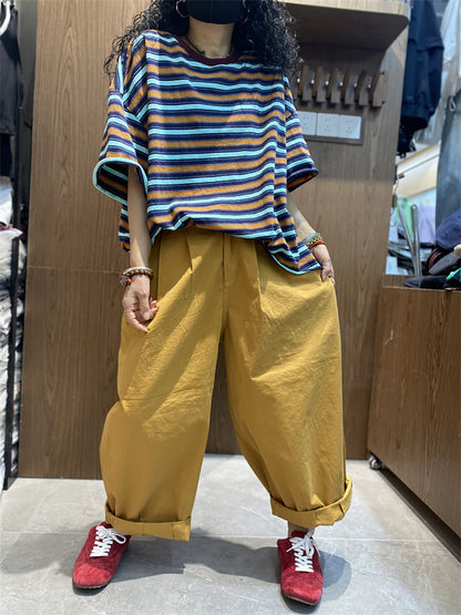 女士夏季休閒條紋圓領棉質襯衫