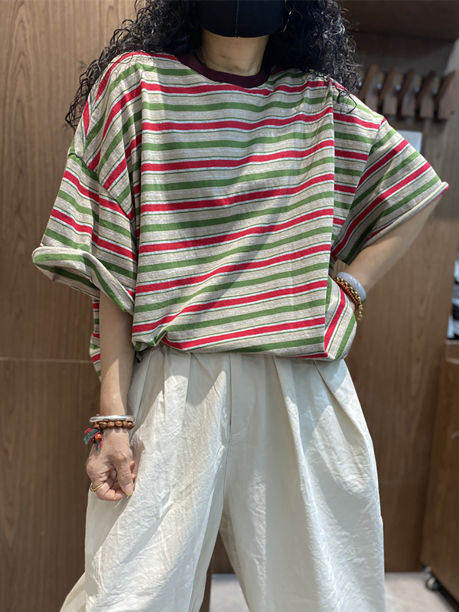 女士夏季休閒條紋圓領棉質襯衫