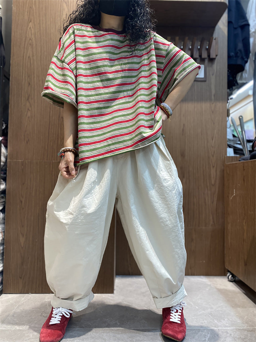 女士夏季休閒條紋圓領棉質襯衫