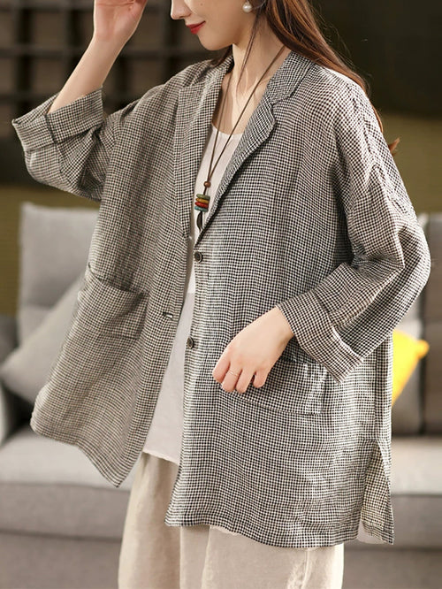 女款春季復古格紋翻領大衣