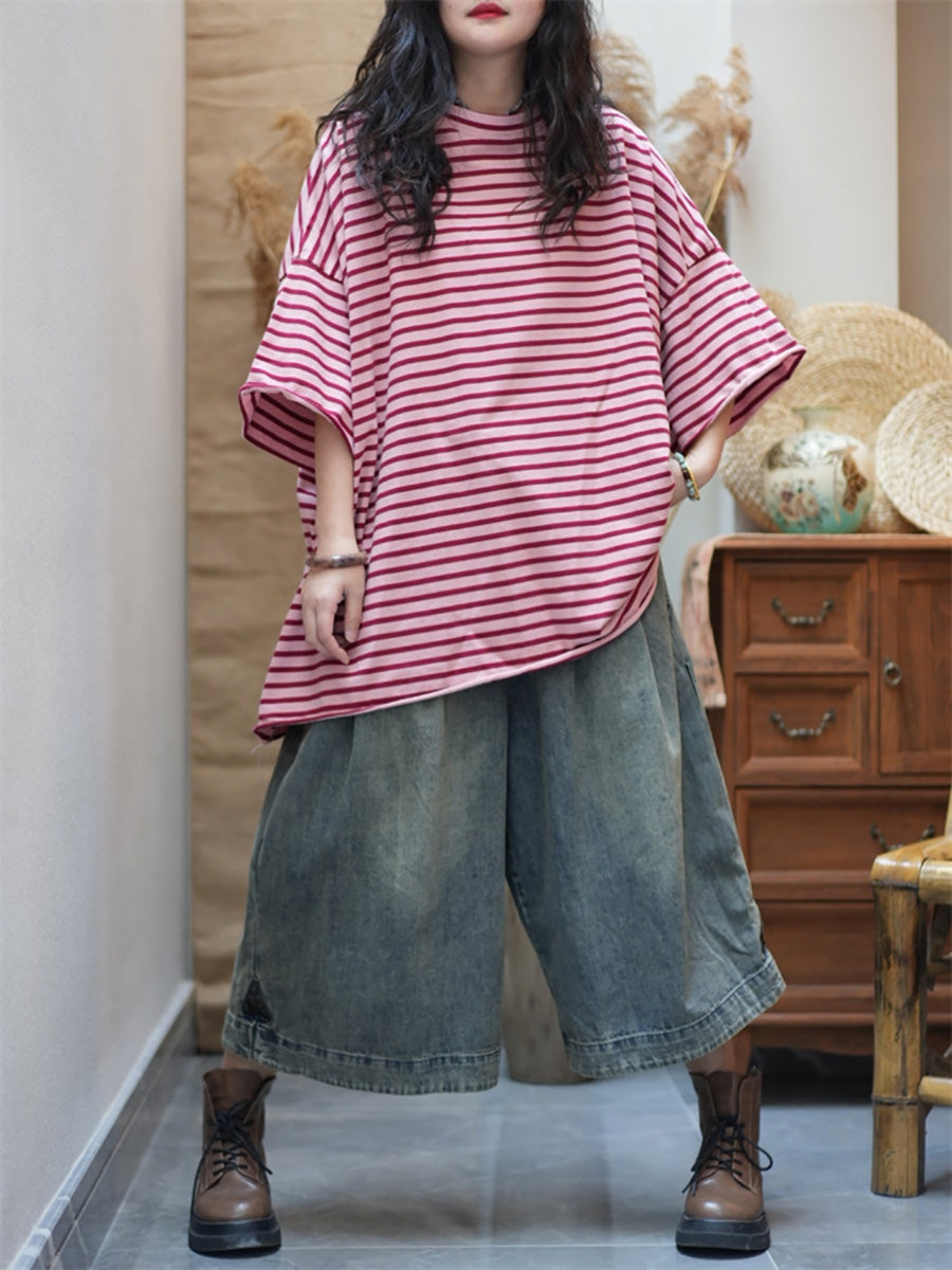 女士夏季藝術條紋圓領棉質襯衫