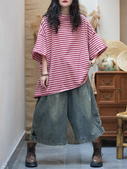 女士夏季藝術條紋圓領棉質襯衫
