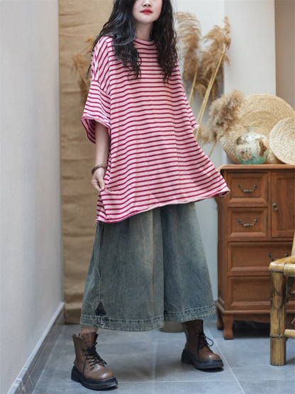 女士夏季藝術條紋圓領棉質襯衫