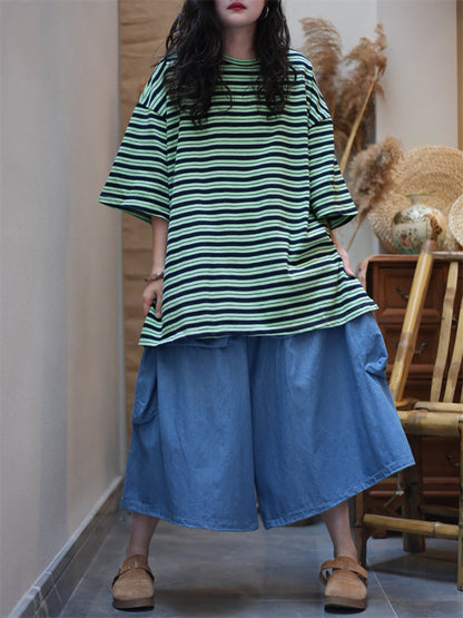 女士夏季藝術條紋圓領棉質襯衫
