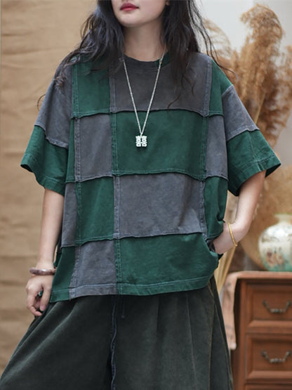 女士夏季復古拼色格紋圓領棉質襯衫