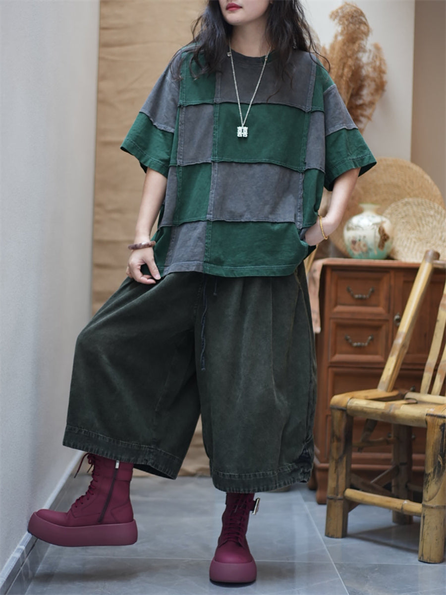 女士夏季復古拼色格紋圓領棉質襯衫