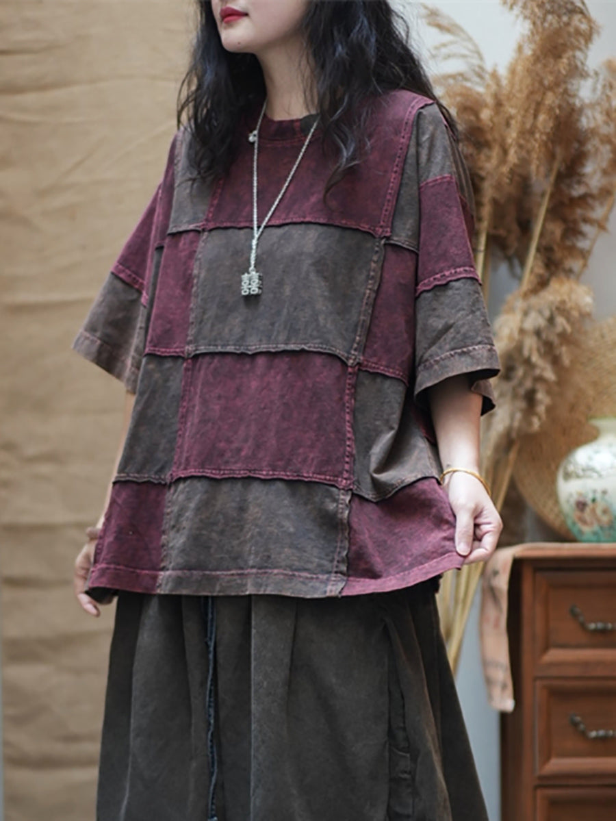 女士夏季復古拼色格紋圓領棉質襯衫