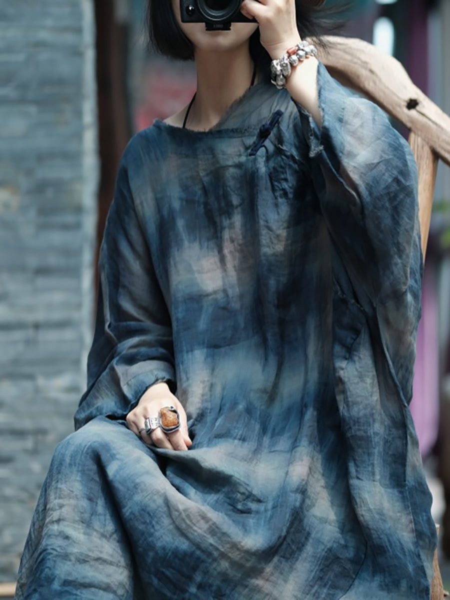 女士夏季復古印花圓領苧麻連身裙
