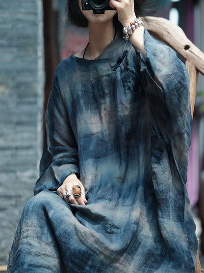 女士夏季復古印花圓領苧麻連身裙