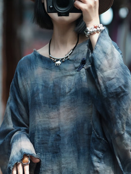 女士夏季復古印花圓領苧麻連身裙