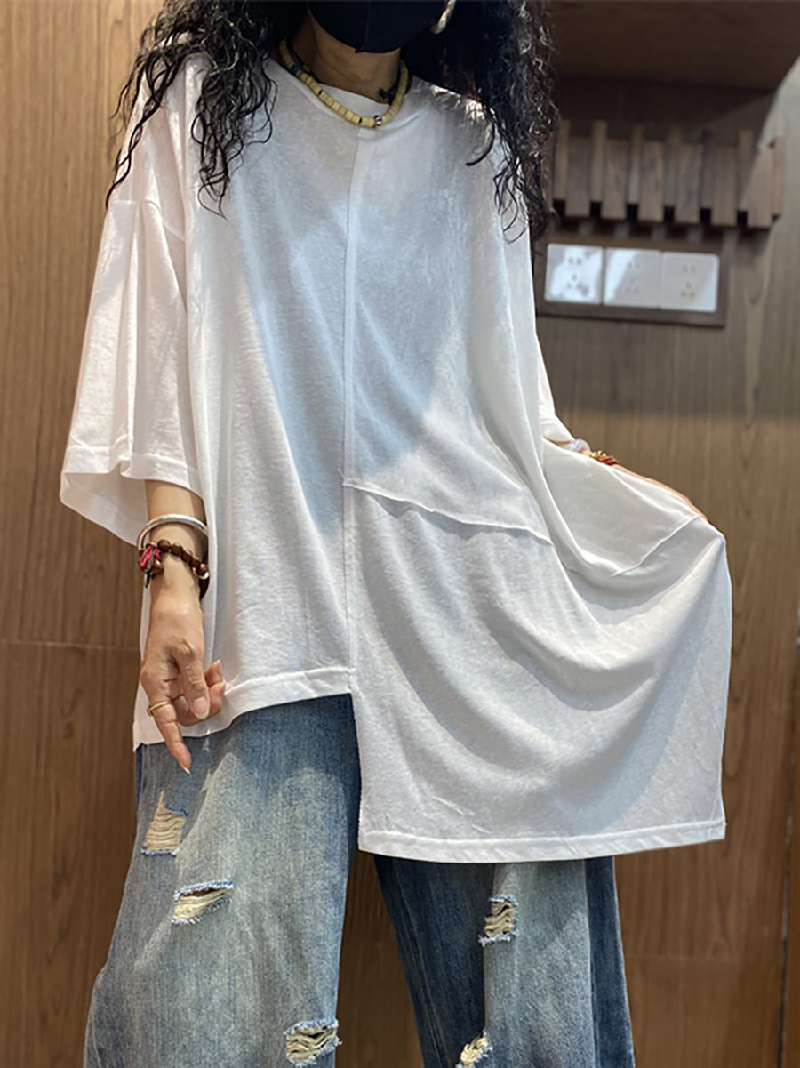 女士夏季休閒不規則拼接圓領棉質襯衫
