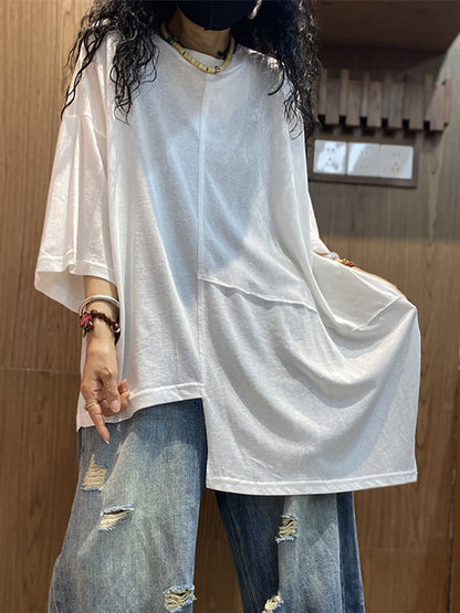 女士夏季休閒不規則拼接圓領棉質襯衫