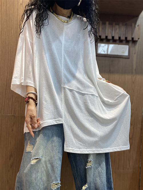女士夏季休閒不規則拼接圓領棉質襯衫