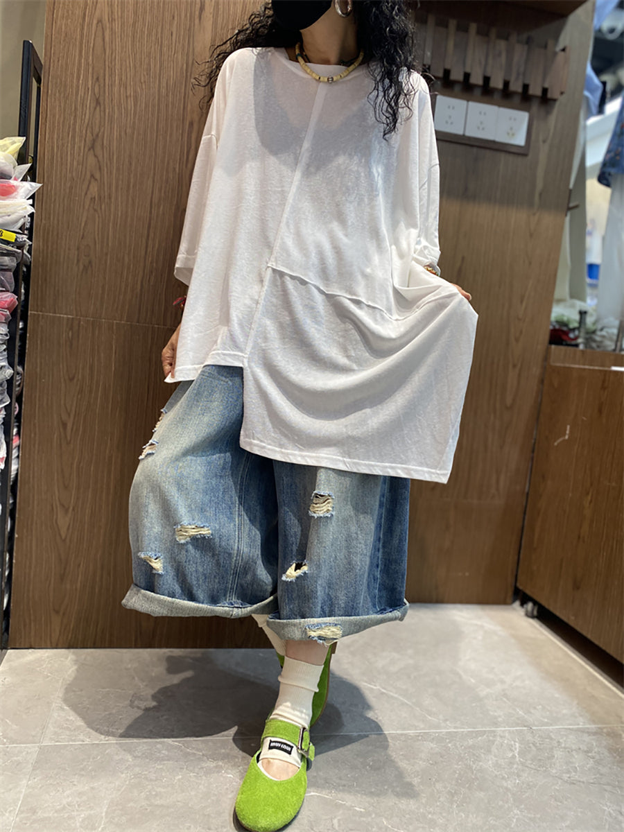 女士夏季休閒不規則拼接圓領棉質襯衫
