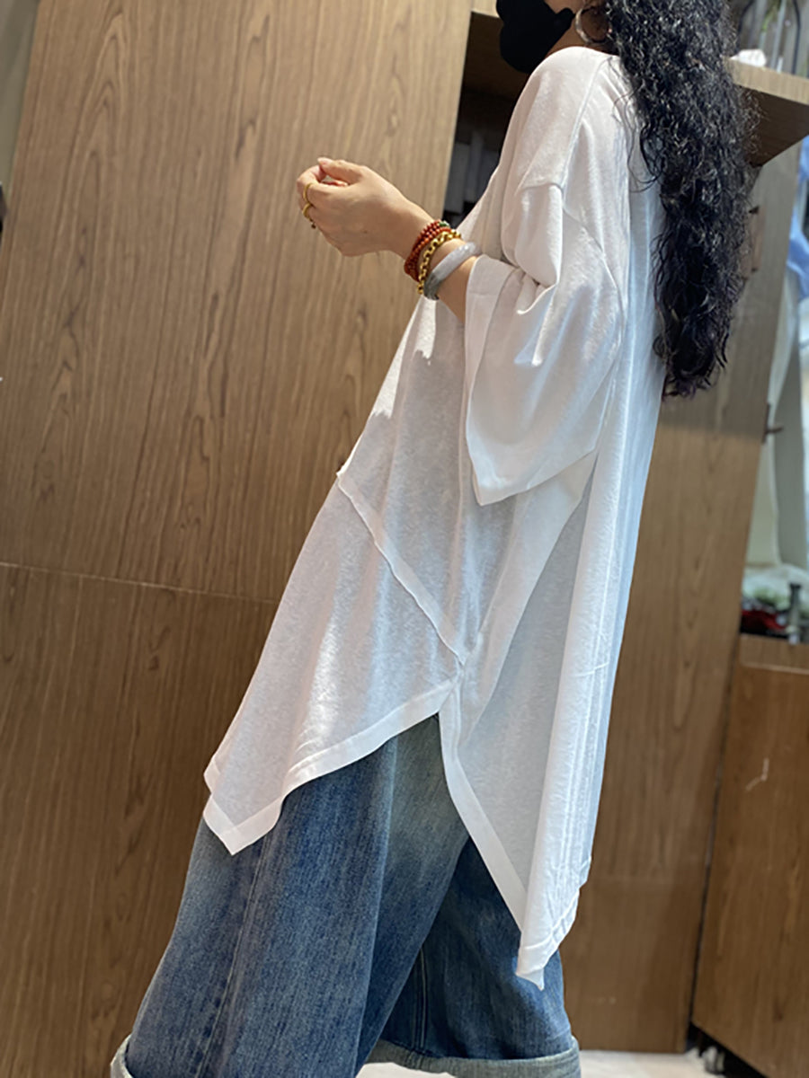 女士夏季休閒不規則拼接圓領棉質襯衫