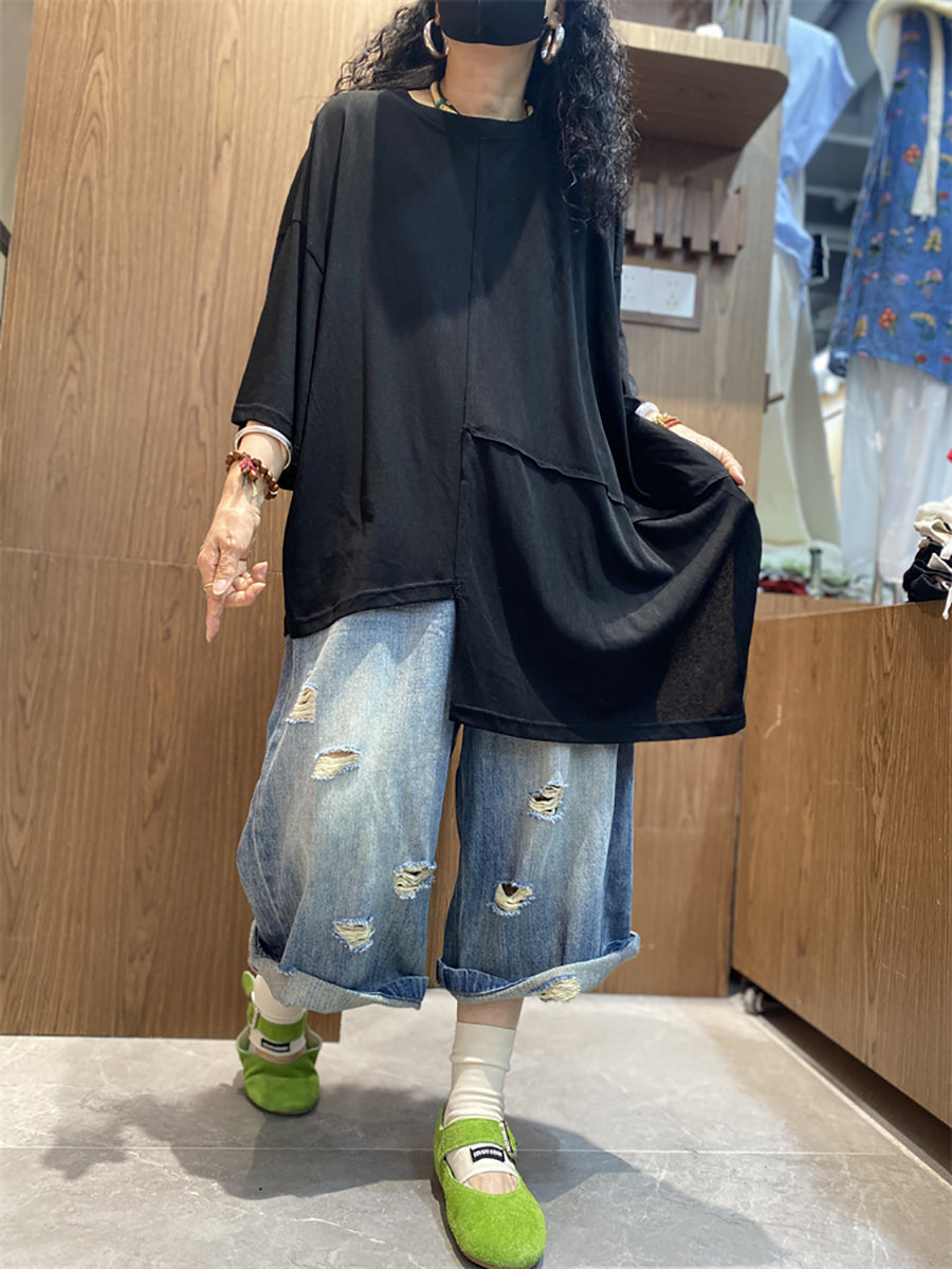 女士夏季休閒不規則拼接圓領棉質襯衫