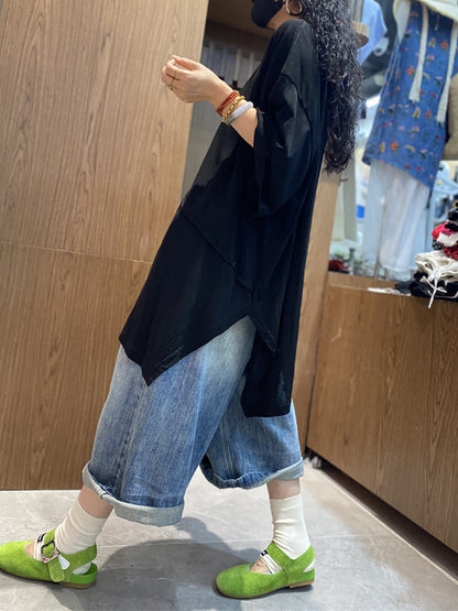 女士夏季休閒不規則拼接圓領棉質襯衫