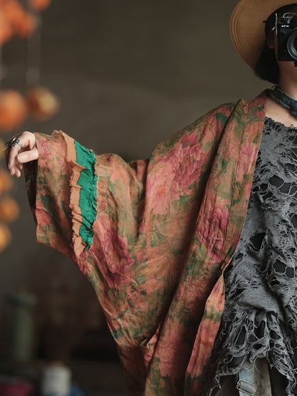 女款夏季藝術花 V 領苧麻襯衫外套
