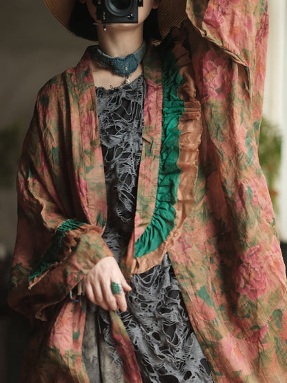 女款夏季藝術花 V 領苧麻襯衫外套