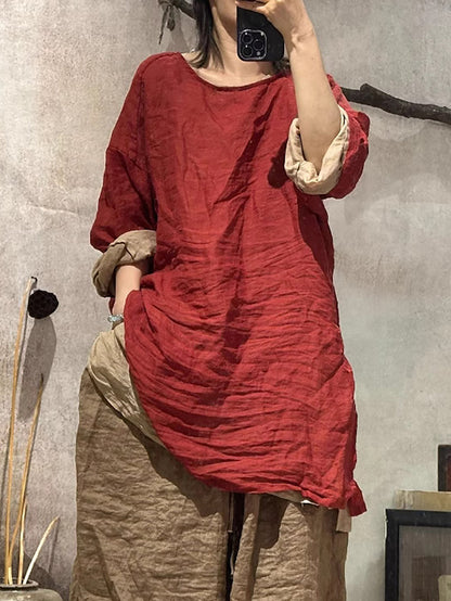 女士夏季純色藝術圓領苧麻襯衫
