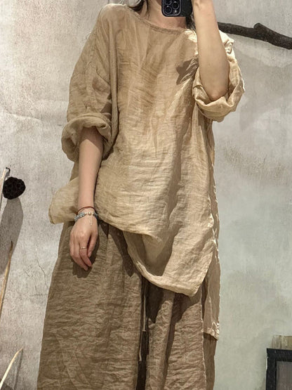 女士夏季純色藝術圓領苧麻襯衫